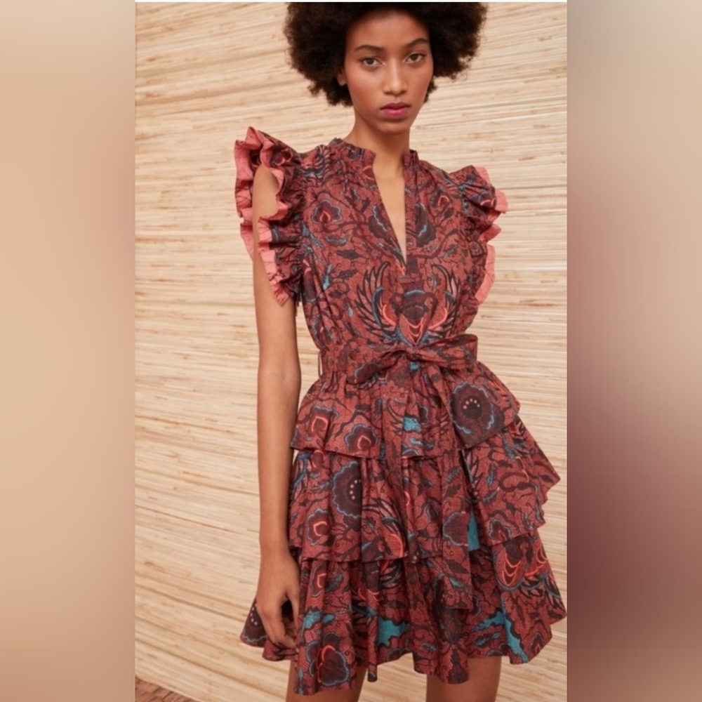 Ulla Johnson Honoria Tiered Ruffle Mini Dress in Carmine  Cotton Size 00